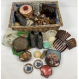 A basket containing a mixed collection of vintage items. To include silk scarf, decorative hair