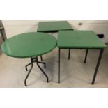 3 metal framed tables, 2 square and 1 round. All with green painted wooden tops. Round table approx.