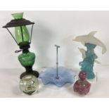 5 pieces of vintage coloured glass. To include a Mdina Maltese pink glass scent bottle, a pale