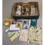 A box of antique and vintage tiles and tile samples to include two cream and brown Art Nouveau