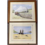 2 wooden framed & glazed watercolours, both signed. A tractor and train rural scene with