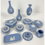 12 pieces of blue & white Wedgwood jasper ware ceramics. To include an Anglian Water commemorative