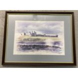 A framed and glazed limited edition print " Dunstanburgh Castle" by Alan Rowe No. 293/2300. Signed