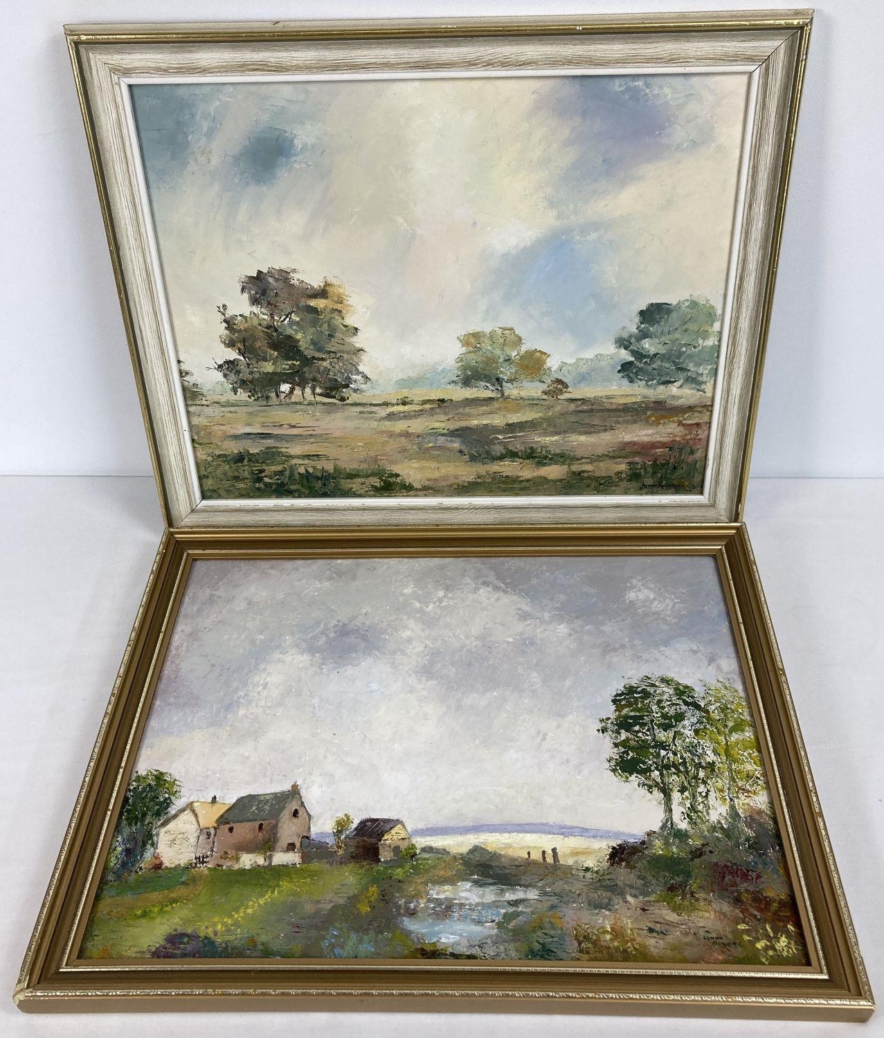 A pair of framed oil on board paintings of rural landscapes by Lynne Robinson. Both signed to