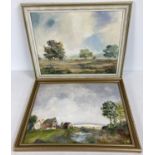 A pair of framed oil on board paintings of rural landscapes by Lynne Robinson. Both signed to