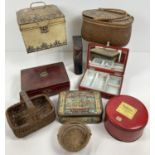 A collection of vintage tin, baskets and boxes. To include miniature shopping basket, sewing basket,