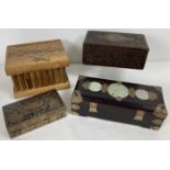 4 vintage ethnic & oriental boxes; 3 wooden. A Chinese brass bound jewellery box with carved jade