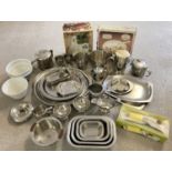 A box of assorted vintage and retro kitchenalia. To include: boxed Spong mincer, blue & white