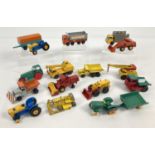 A collection of 16 vintage Matchbox/Lesney diecast farm and construction vehicles, in playworn