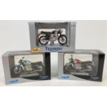 3 boxed Triumph Motorcycle diecast collectors models. T120 Bonneville by Maisto, '02 Bonneville by