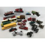A collection of playworn mixed diecast vehicles to include: buses, vintage style cars, fire trucks