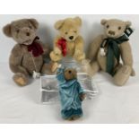 4 jointed teddy bears. A 14 inch "Harold" bear by Pam Howells; a Dean's blonde bear with red neck