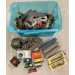 A tub containing a quantity of model railway items to include controllers, transformers, coaches,