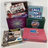 6 TV related board games. Comprising: Newsreel Trivia, Mr & Mrs, Call My Bluff, The Million Pound