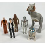 6 vintage 1970's Star Wars action figures. 1977 Obi Wan Kenobi, Chewbacca, Hans Solo, Silver Death