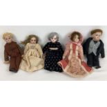 5 assorted 8" & 9" bisque headed dolls in handmade cloth outfits.