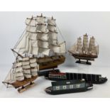 3 wooden model ships to include Mayflower and Cutty Sark. Together with 2 wooden painted models of