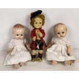 3 vintage Pedigree dolls. 2 x 1950's hard plastic 13" baby dolls with moving eyes, molded hair,