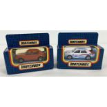 2 boxed MB-44 Skoda 130 LR diecast cars by Matchbox. One with 44 rally decals and the other in