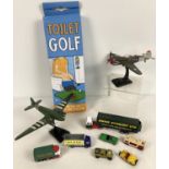 A collection of assorted toys to include diecast, model aeroplanes and boxed novelty game. Lot