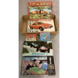 A box of vintage board games. To include Gocar by Happit Toys, Table Soccer and Forumla 1 by