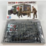 A boxed new unmade British ambulance Rover 7 model kit by Tamiya. All contents still in fixed