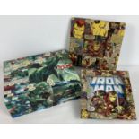 3 comic book decoupaged wooden items decorated with Iron Man comics. A hinge lidded box, a glaze