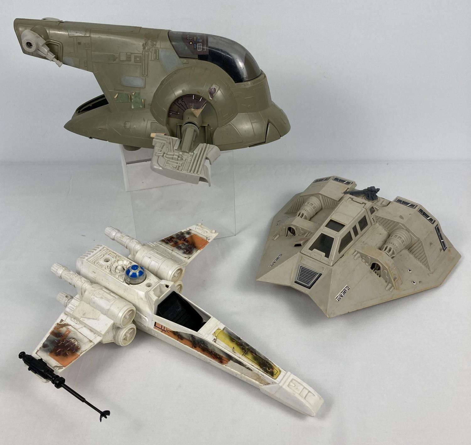 3 vintage Star Wars Vehicles by Kenner. 1980 Snowspeeder, 1983 X-Wing with damaged decals and 1981
