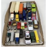 A tray of mixed diecast, buses, trucks, lorries, vans and cars to include examples by Solido,