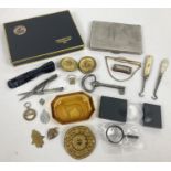 A small collection of assorted vintage items. To include: miniature Koch harmonica, a brass &