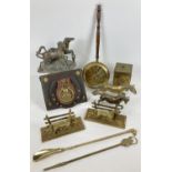 A collection of vintage brass items. To include horse figurines, decorative bed pan, tea caddy,