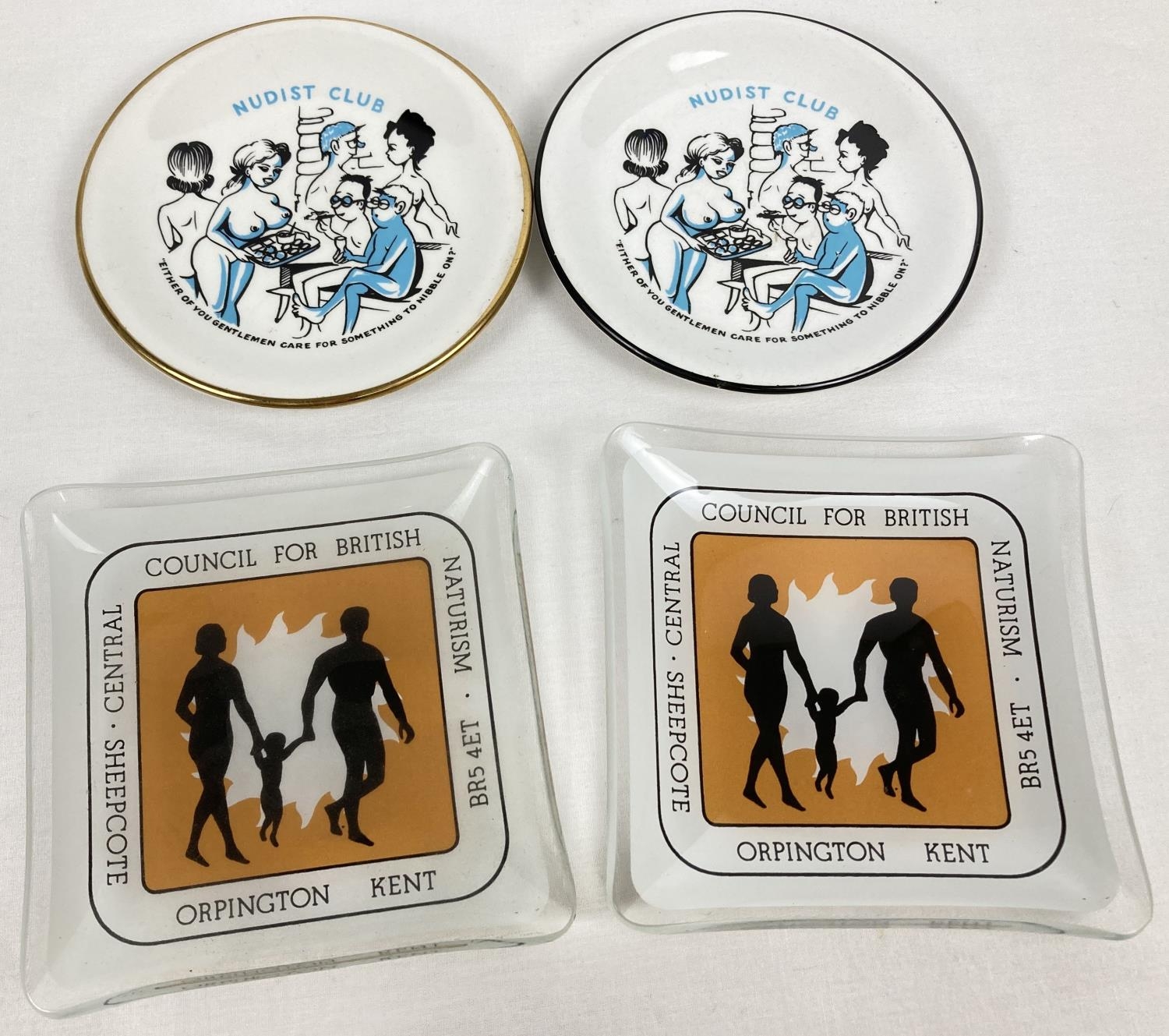 4 vintage Nudist/Naturist interest pin dishes. 2 ceramic Nudist Club dishes with caricature