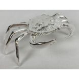 A modern silver plated crab shaped trinket/stamp box, with hinged lid. Approx. 4.5cm tall x 12cm