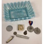 A blue Pearline Vaseline dish containing a quantity of assorted misc vintage items. To include: 2