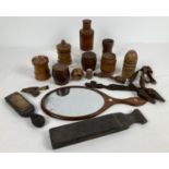A box of vintage treen and wooden items. To include barrel shaped money box and trinket boxes,
