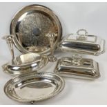 A box of quality silver plated table ware. To include 2 lidded tureens by Windsor Bishop, Norwich.