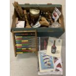 A box of assorted vintage and modern items. To include: child's wooden abacus, wooden candle sticks,