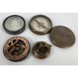 3 metal cased compasses. A large brass cased compass with screw top lid featuring a perpetual