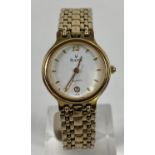 A ladies gold tone bracelet strap wristwatch by Bulova. White face with gold tone hour markers,
