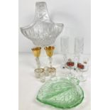 A collection of vintage clear & coloured glass items. To include large lead crystal basket, a pair