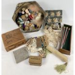 A collection of vintage sewing and haberdashery items in two Marshall & Snelgove hat boxes. Items