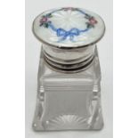 An Art Deco, square shaped, cut glass scent bottle with silver and guilloche lid. Silver screw top