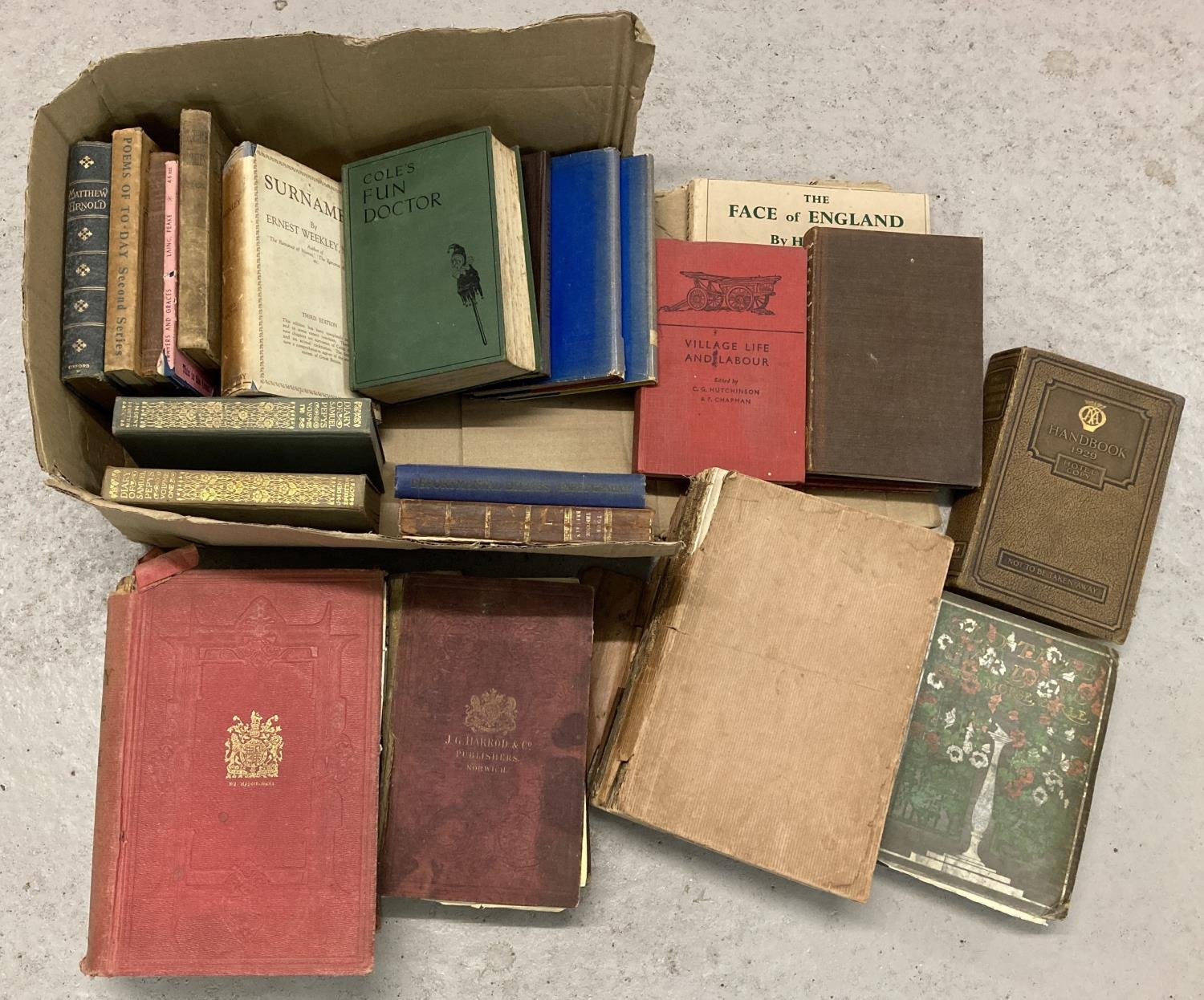 A box of antique and vintage books. To include Diary Of Samuel Pepys Volumes One & Two, 1929 The