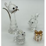 3 unboxed Swarovski crystal animal figures. A tall cat with metal whiskers and chain tail, a