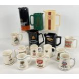 A collection of vintage and modern ceramic breweriana water jugs and beer mugs. To include: Romanoff