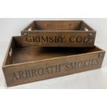 2 reproduction fisherman's wooden box trays with carry handles. Metal banding detail to corners (2