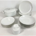 A collection of dinner ware by Thomas, Germany. Plain white with silver rim detail. Comprising: