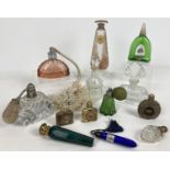 A collection of decorative vintage glass perfume bottles and atomisers. To include Art Nouveau style