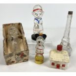 5 vintage novelty glass perfume bottles. A butler holding a tray (lid missing), a Dutch girl, Mickey