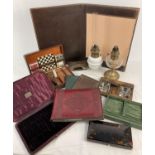 A collection of leather items together with 2 vintage oil lamp bases. Leather items include: large